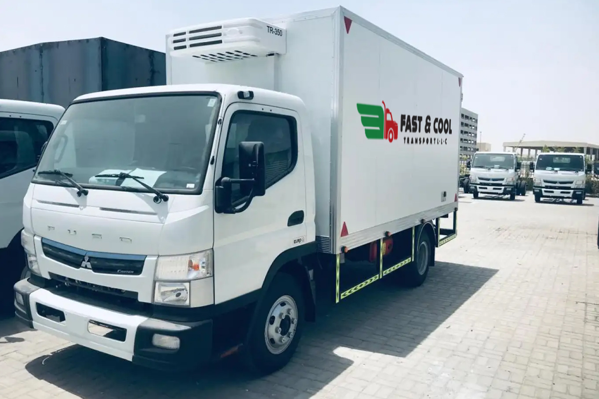 ast and Cool Transport chiller truck rental vehicle with branding, ready for temperature-controlled deliveries across the UAE